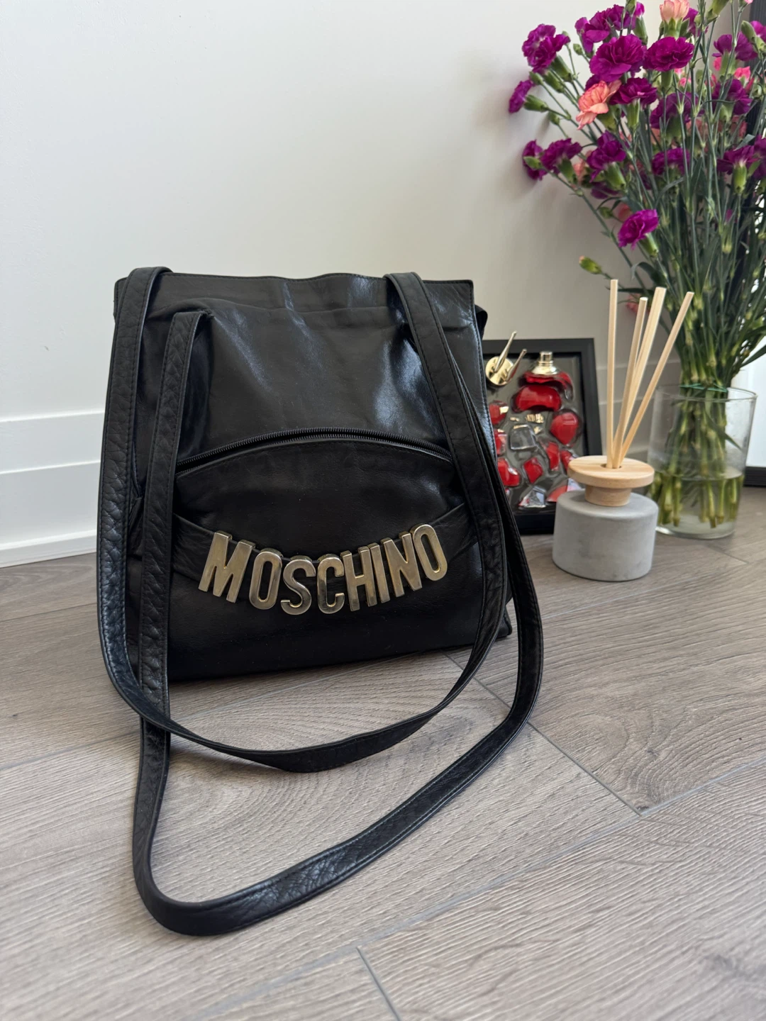 Moschino Vintage Black Leather Shoulder Bag with Gold Logo