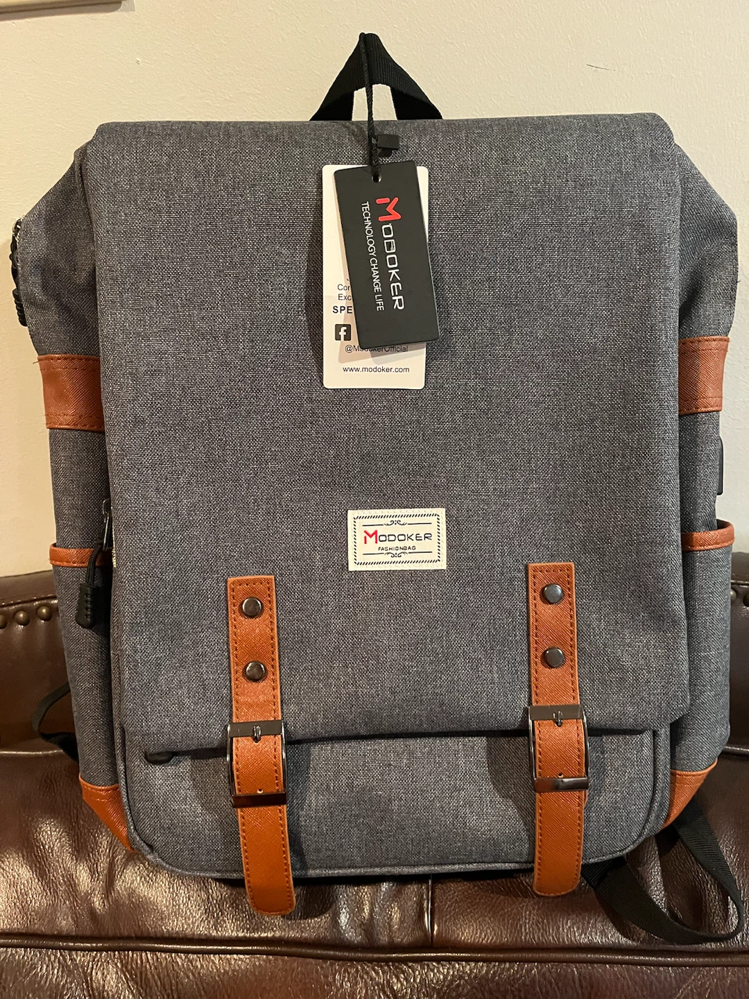 Modoker Grey Backpack with Brown Accents