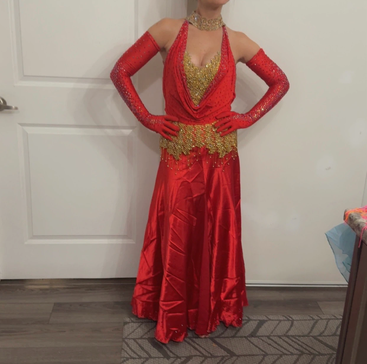 Red and Gold Ballroom Dance Dress with Gloves
