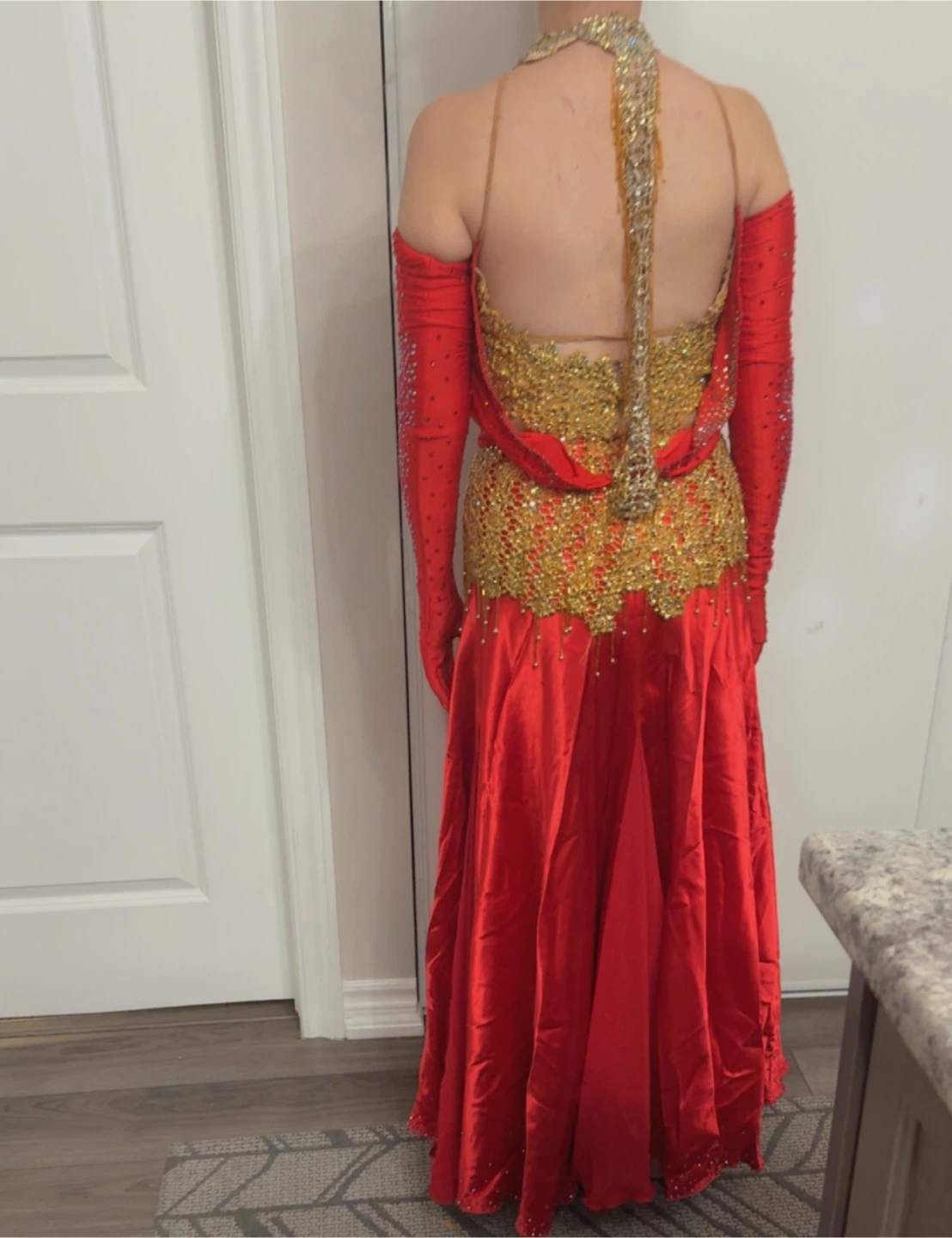 Red and Gold Ballroom Dance Dress with Gloves - photo 2