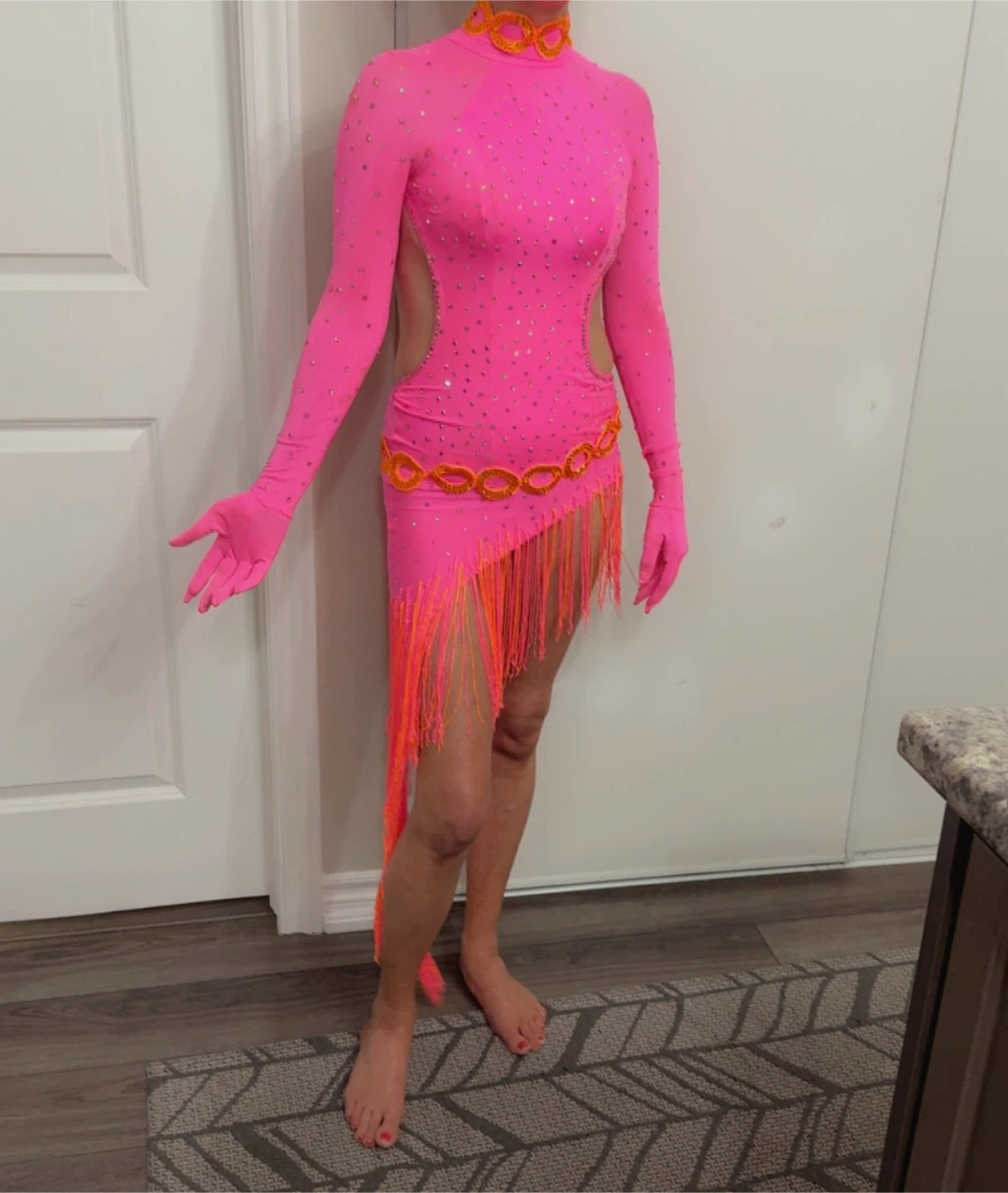 Pink Sequin Dance Dress with Tassels and Gloves