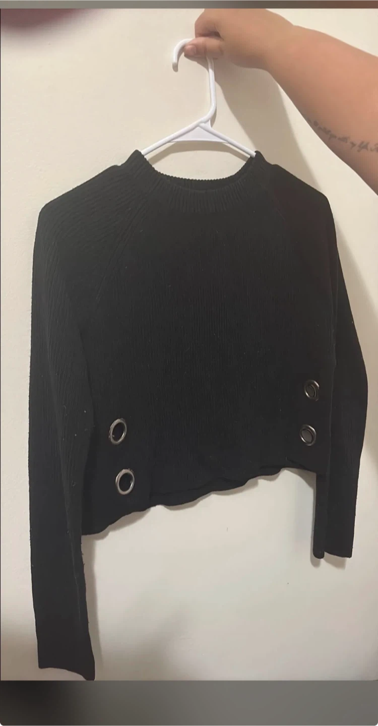 Black Cropped Sweater with Grommets