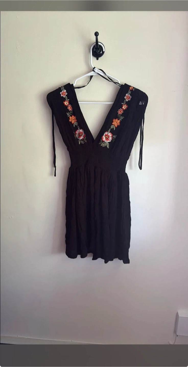 Black Embroidered V-Neck Mini Dress