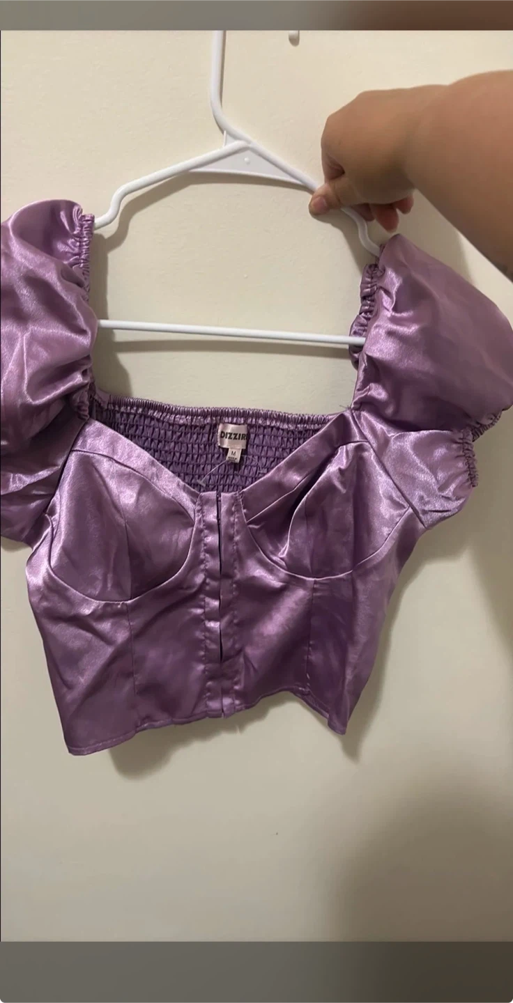DIZZIRZ Lilac Satin Puff Sleeve Corset Top - Medium