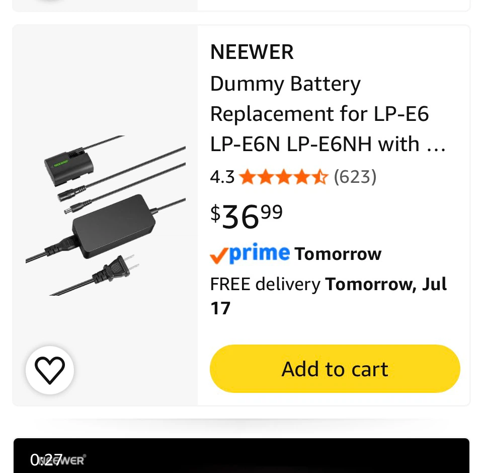 Neewer LP-E6 Dummy Battery with AC Power Adapter