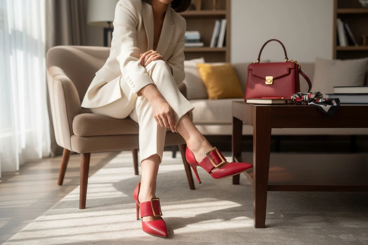 Bally Red Leather D'Orsay Heels with Buckle
