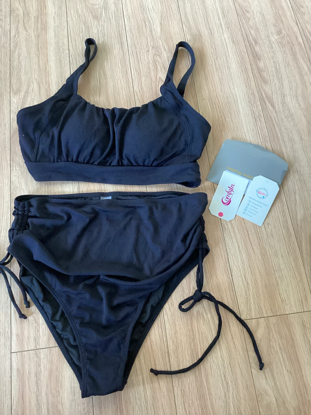 New Black Ribbed High-Waisted Bikini - L