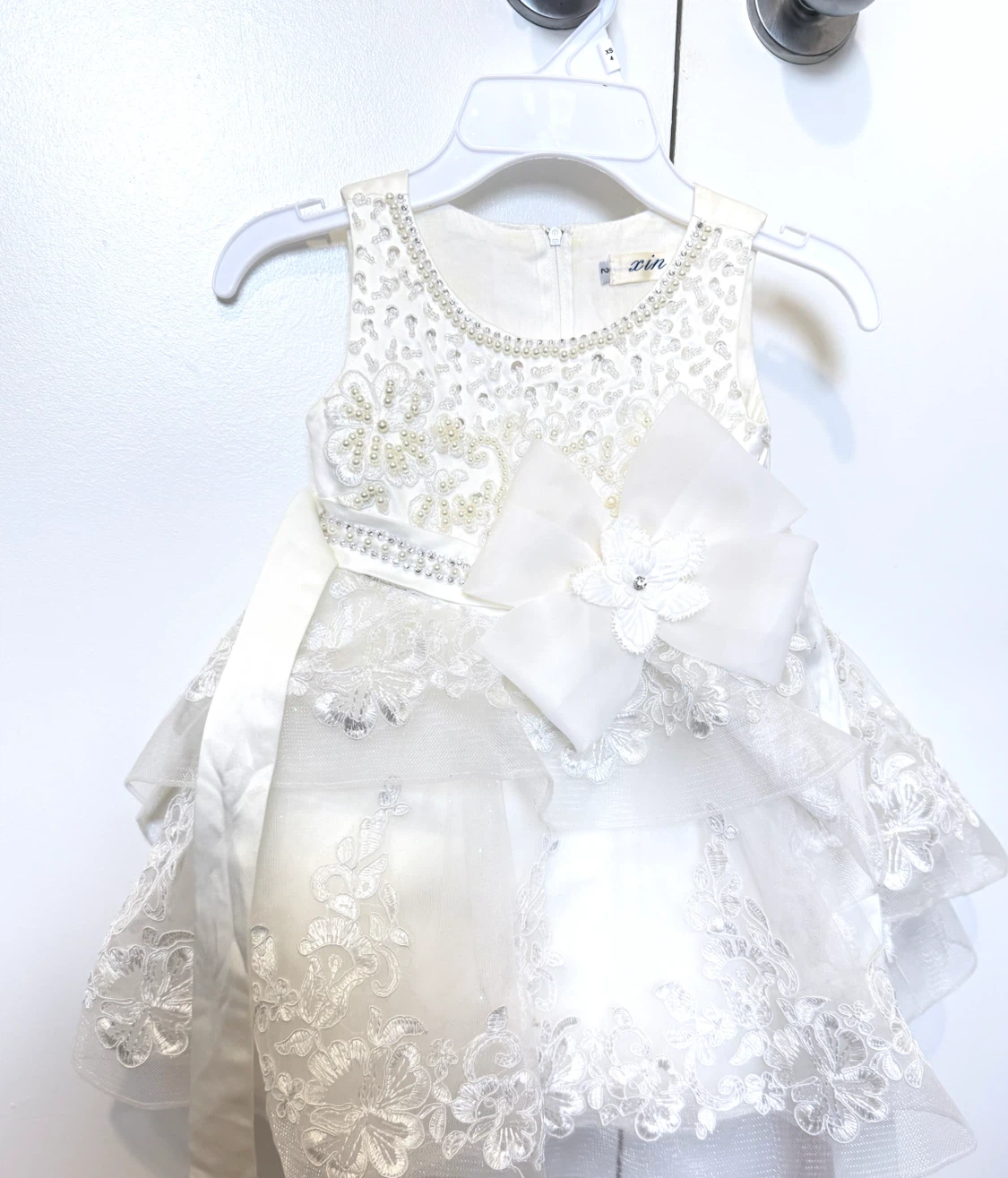 White Formal Dress with Pearls and Bow