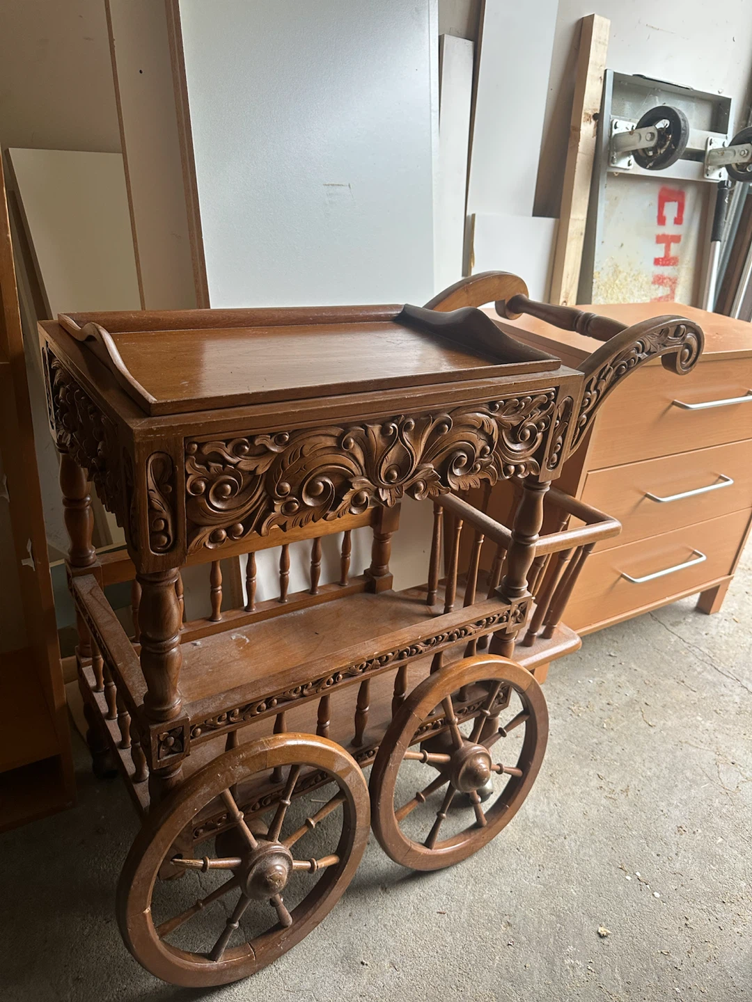 Vintage Wooden Bar Cart with Carvings