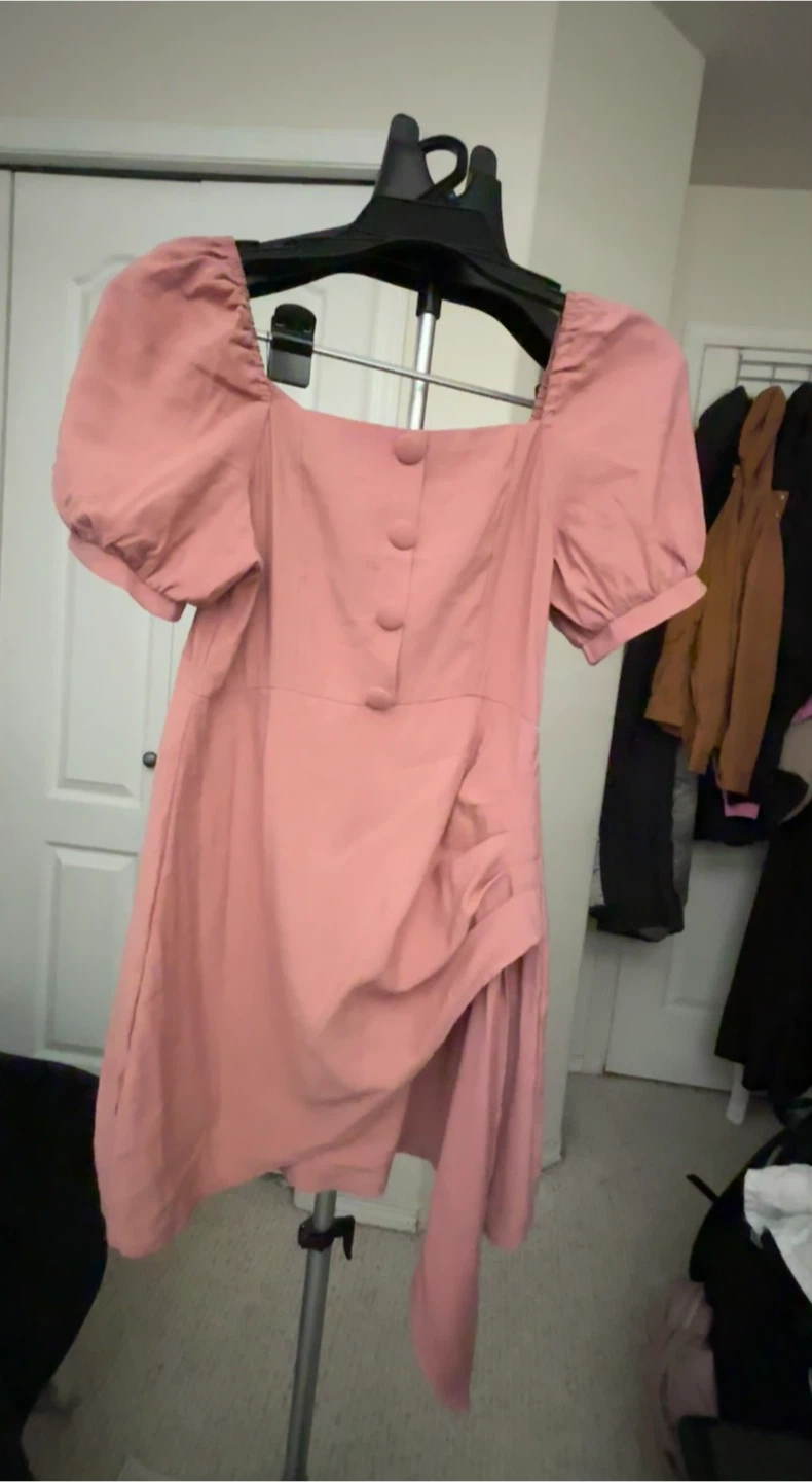 Pink Puff Sleeve Square Neck Dress