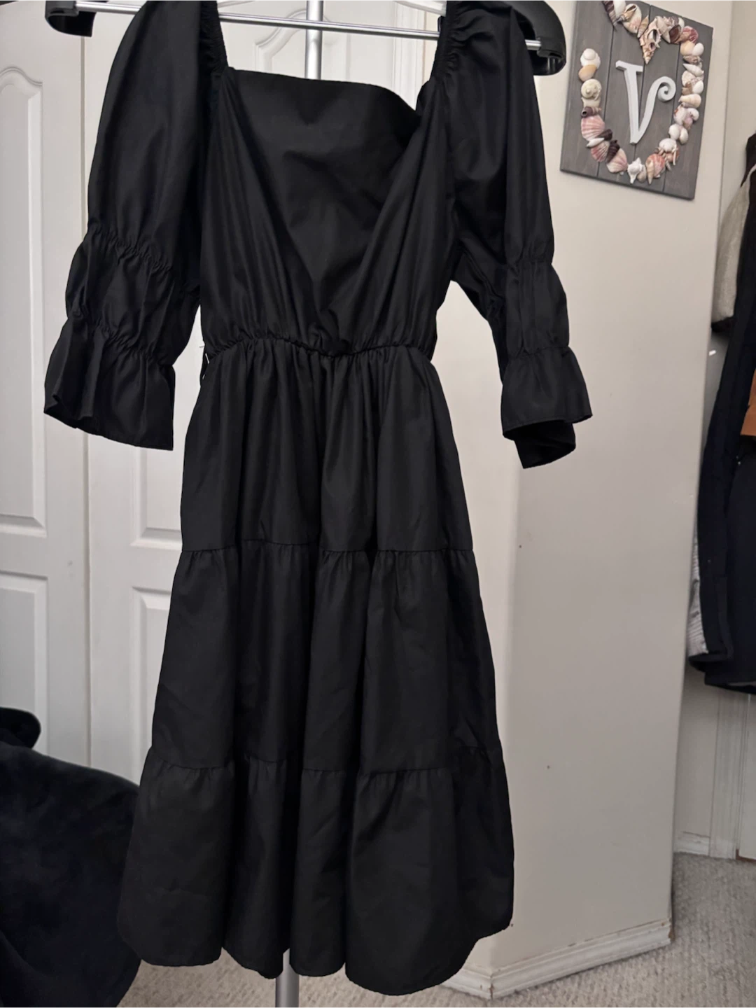 Black Puff Sleeve Tiered Midi Dress