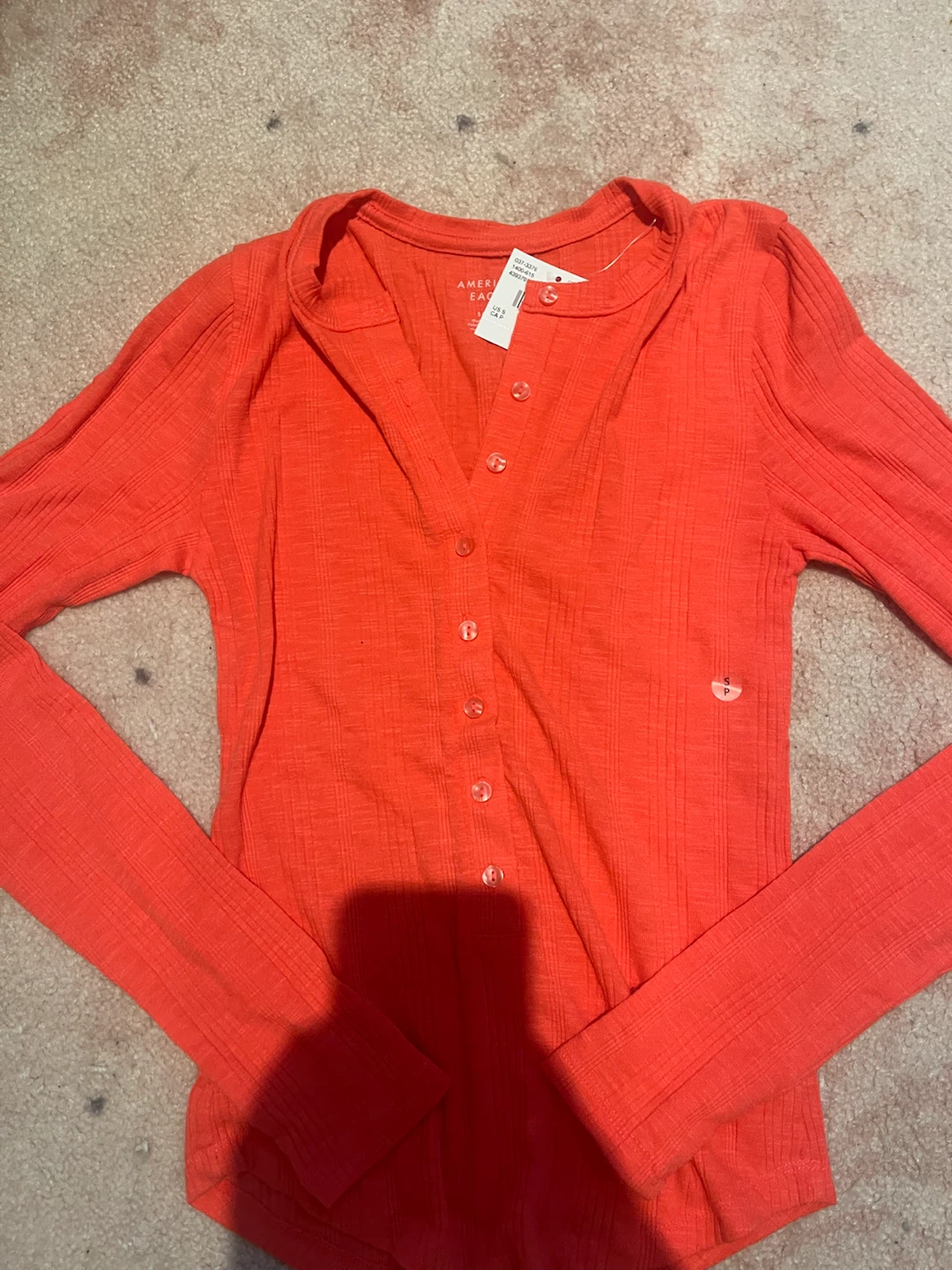 American Eagle Orange Ribbed Button-Up Shirt