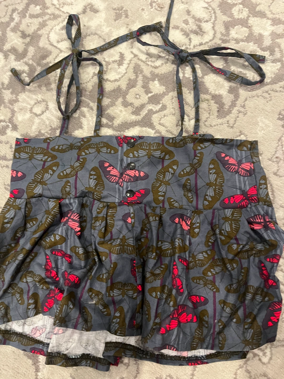 Handmade Grey Butterfly Print Shirt with Tie Straps