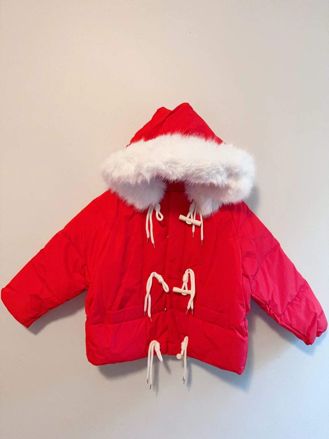 Red Puffer Jacket with Faux Fur Hood 6-7T