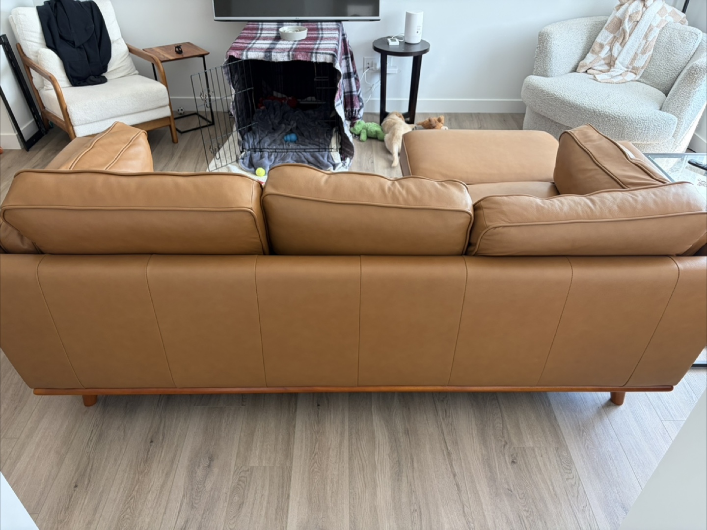 Camel Leather 3-Seater Sofa with Ottoman - photo 3