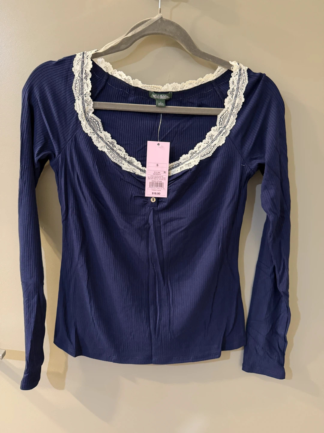 NWT Wild Fable Navy Blue Lace Trim Long Sleeve Top Small