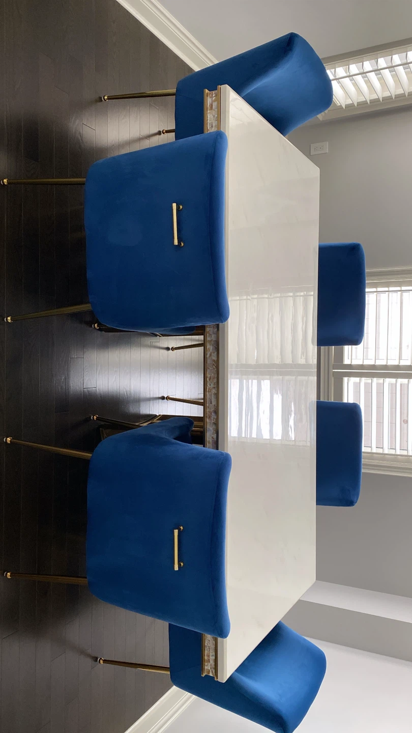 Marble Dining Table with Blue Velvet Chairs - photo 5