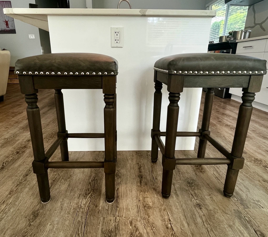 Dark Wood Bar Stools with Tufted Seats (Set of 2)