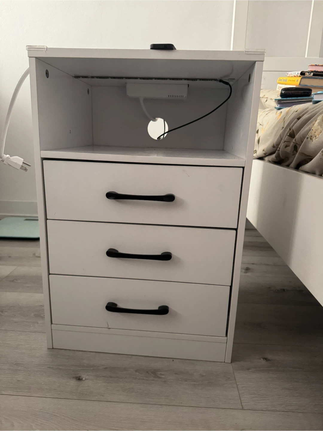 White 3-Drawer Nightstand with Built-in Charging Station
