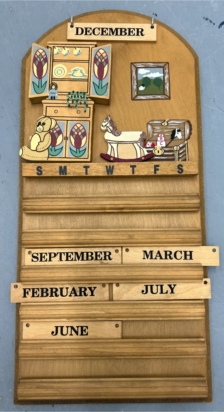Vintage 1980s Wooden Perpetual Calendar - Country Folk Art