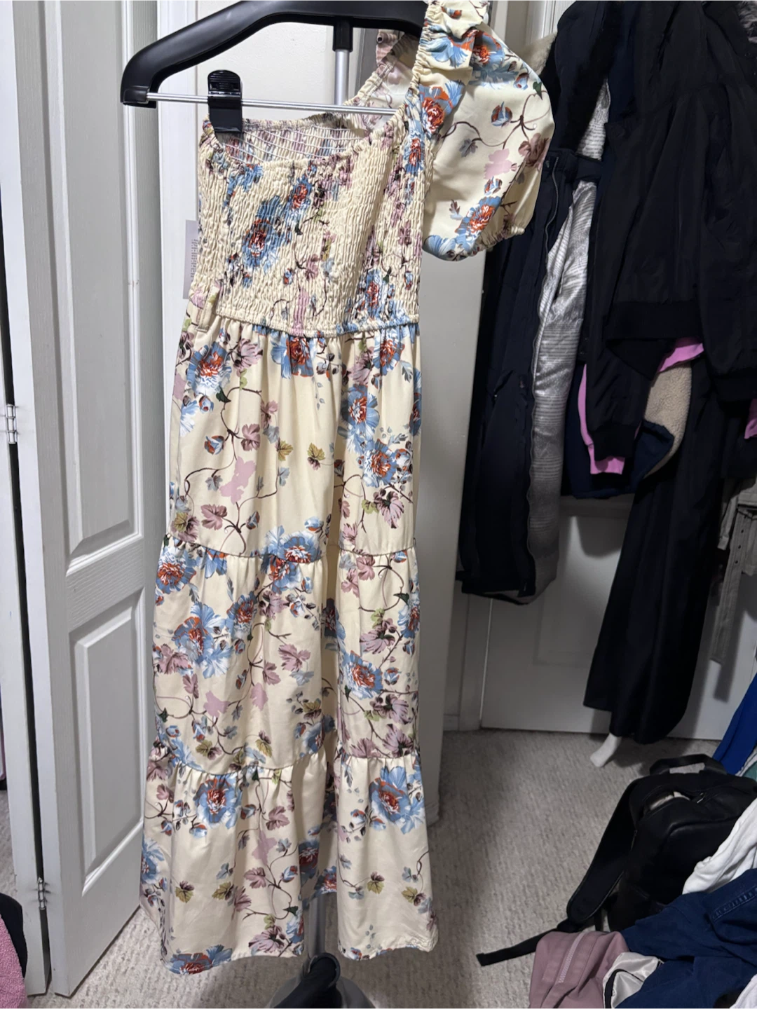 Cream Floral Smocked Maxi Dress