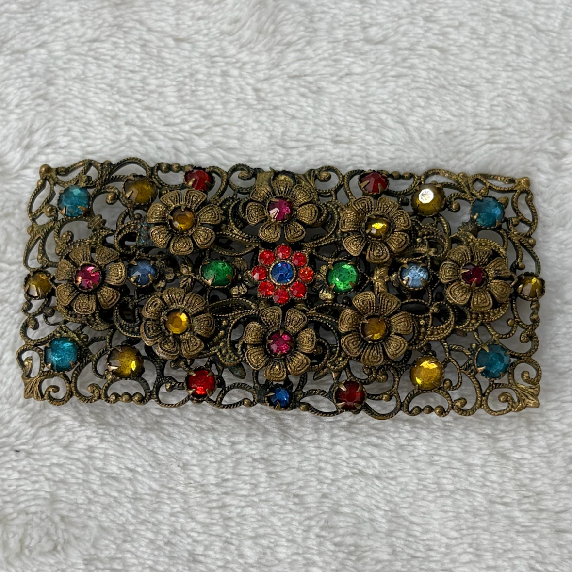 Vintage 1950s Multi Color Rhinestone Filigree Brooch Pin - photo 2