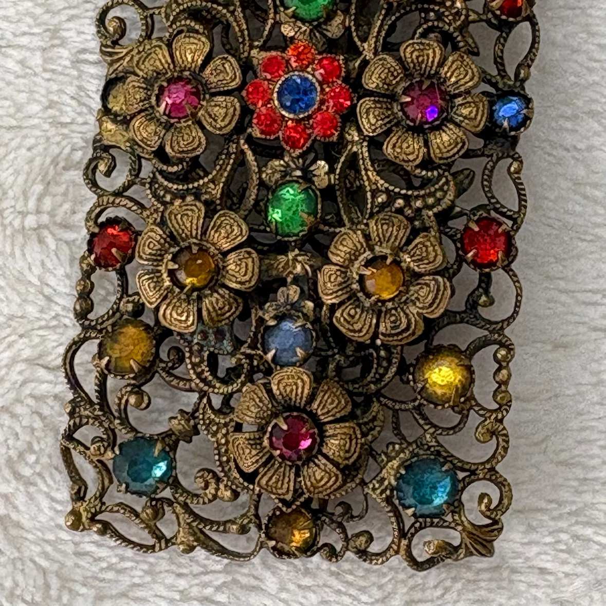 Vintage 1950s Multi Color Rhinestone Filigree Brooch Pin - photo 3