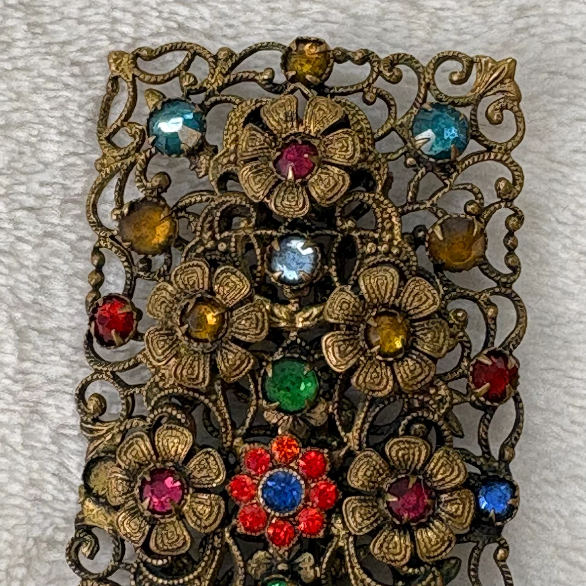 Vintage 1950s Multi Color Rhinestone Filigree Brooch Pin - photo 4