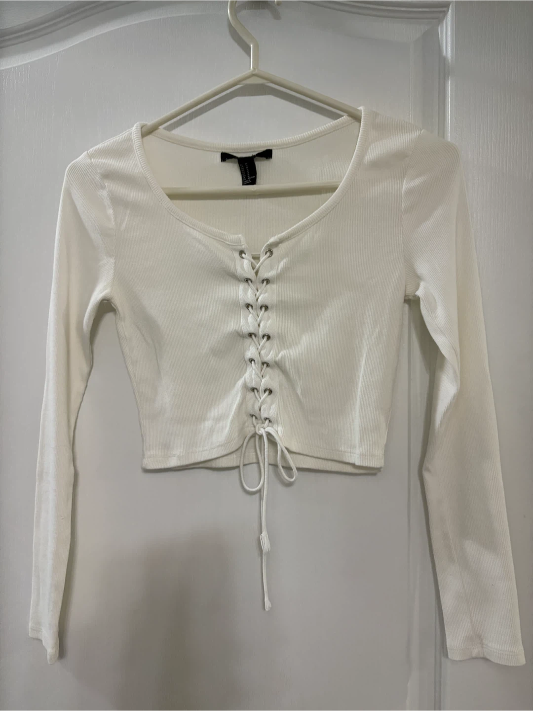 White Forever 21 Ribbed Lace-Up Cropped Top