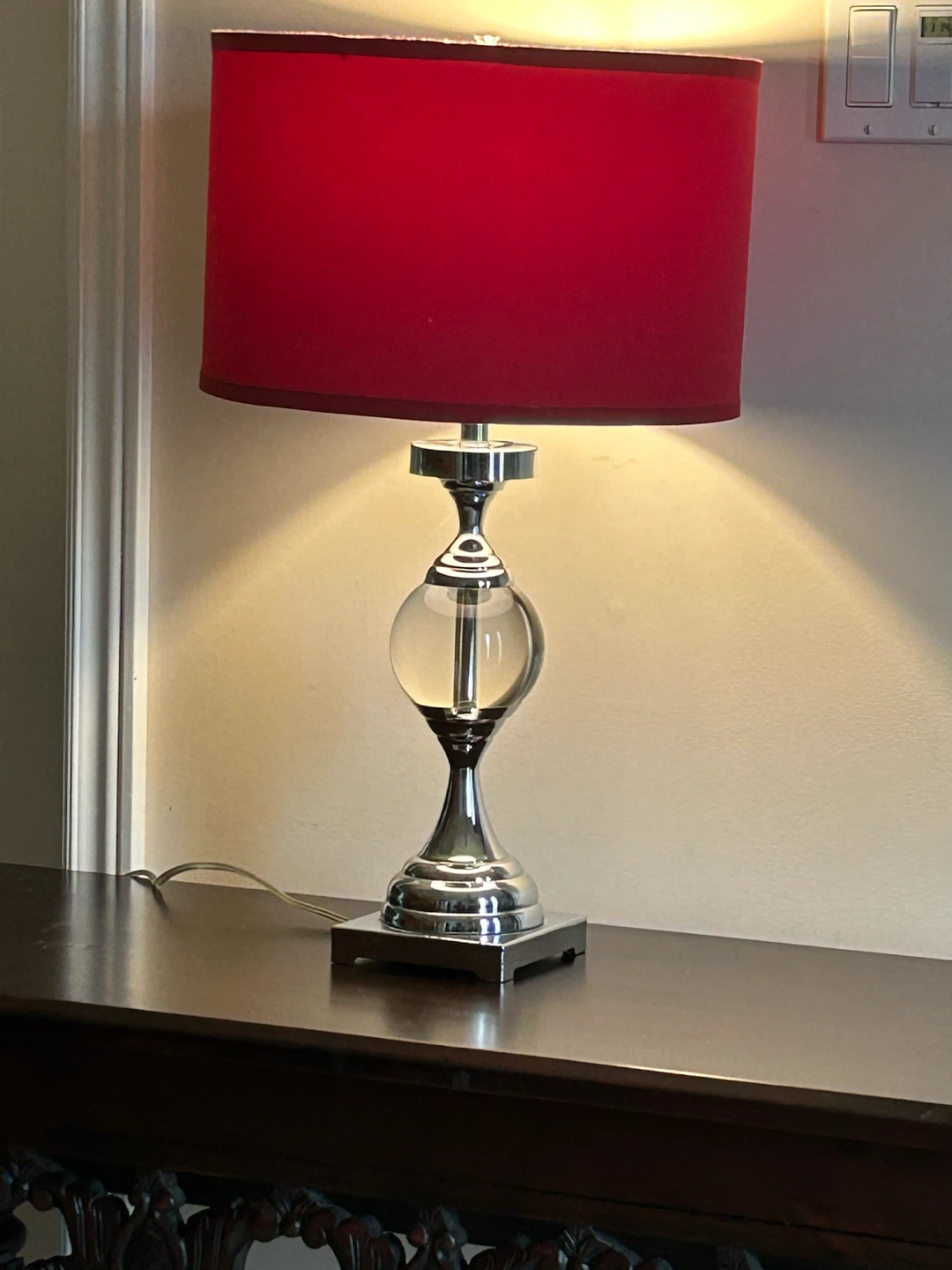 Red Lampshade Table Lamp with Clear Glass Accent