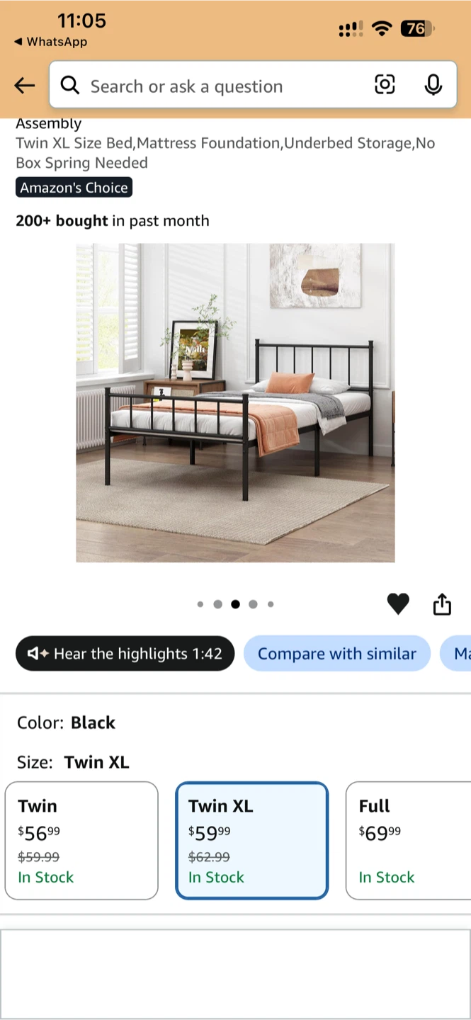 Black Twin XL Metal Bed Frame