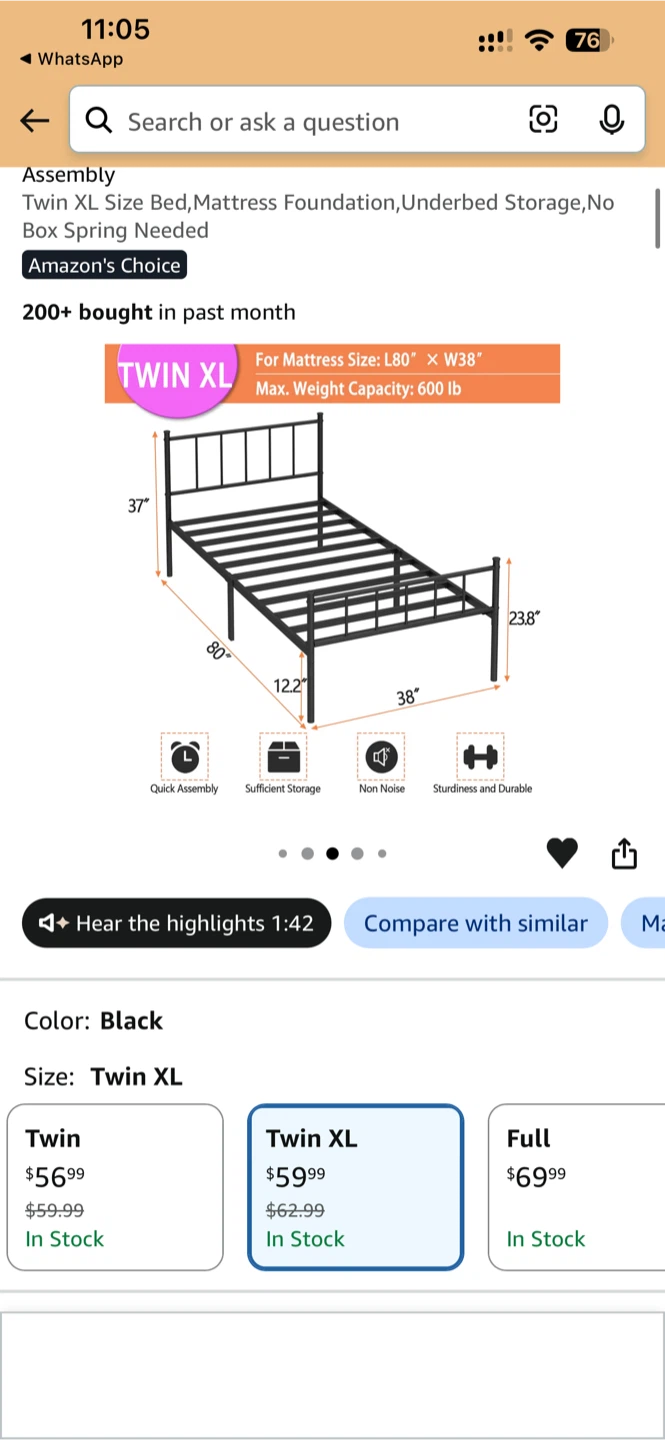 Black Twin XL Metal Bed Frame - photo 3