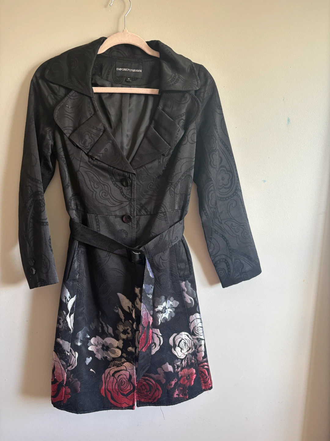 Emporio Armani Black Floral Print Trench Coat Size 4