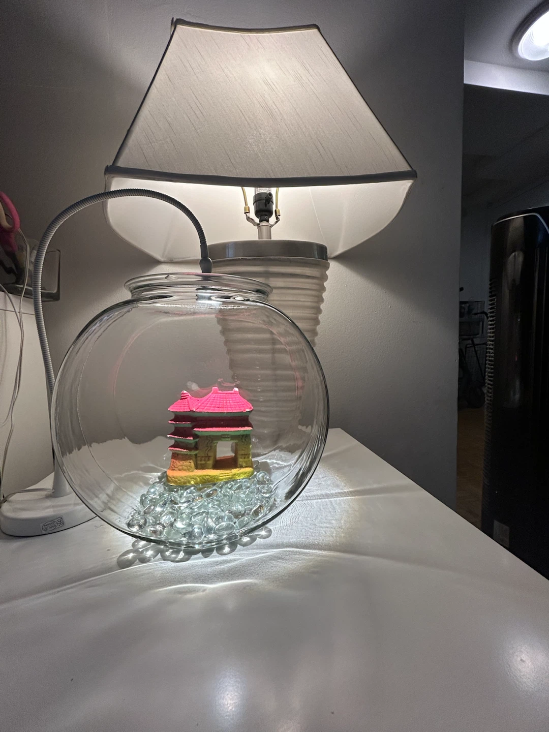 Glass Fish Bowl with Decorative Pagoda