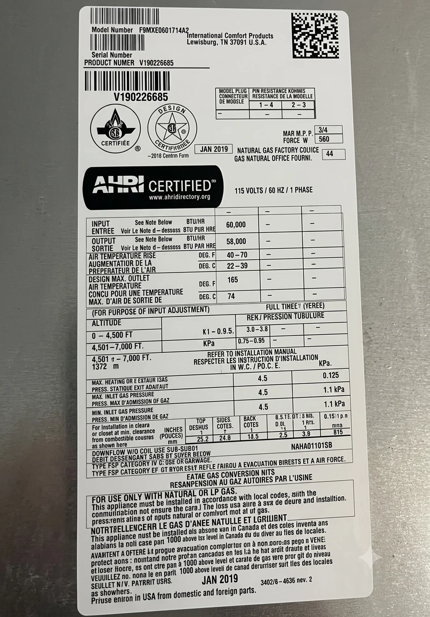 International Comfort Products Furnace F9MXE0601714A2 ( Carrier)