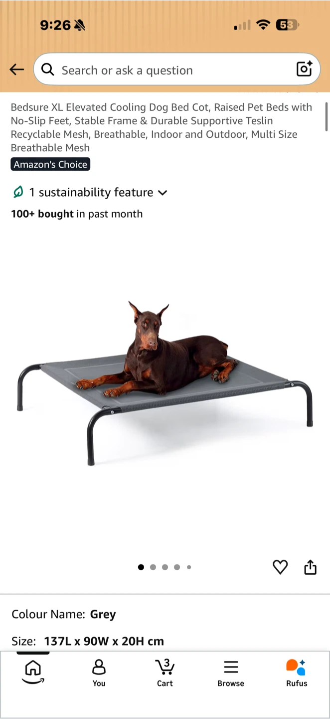 Bedsure Elevated Cooling Dog Bed - Grey XL