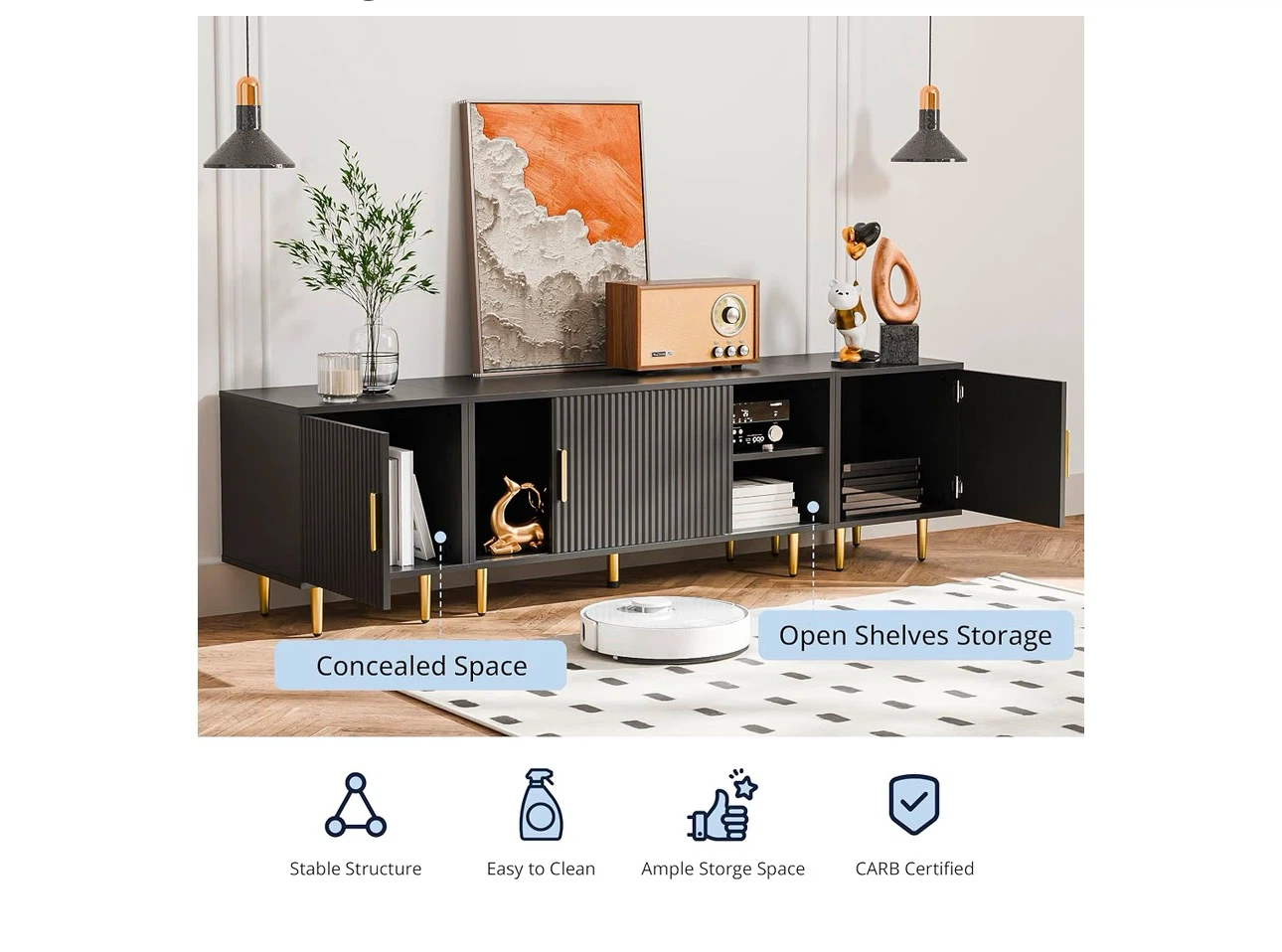75” Modern Fluted TV Stand / Entertainment Center – Black