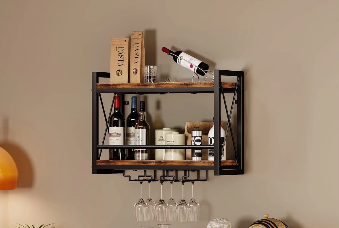 Brand New Industrial Wall Mounted Wine Rack with Glass Holder