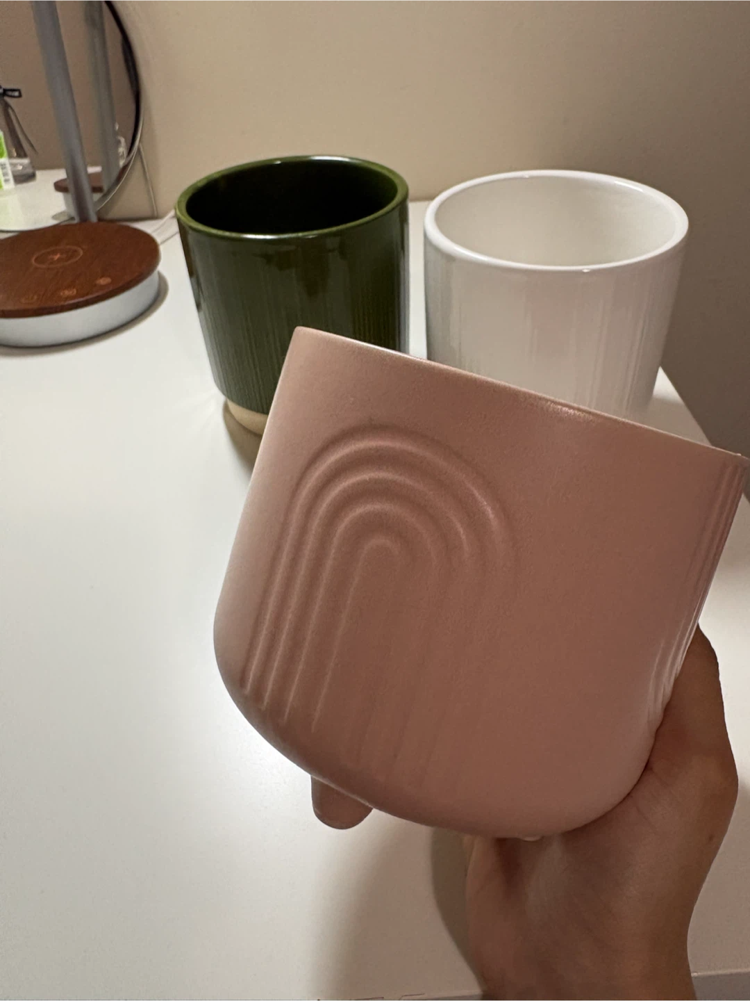Set of 3 Ceramic Planters (Pink, Green, White) - photo 3