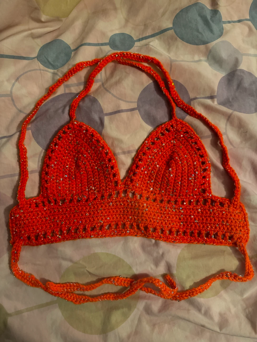 Orange Crocheted Halter Top with Sequins