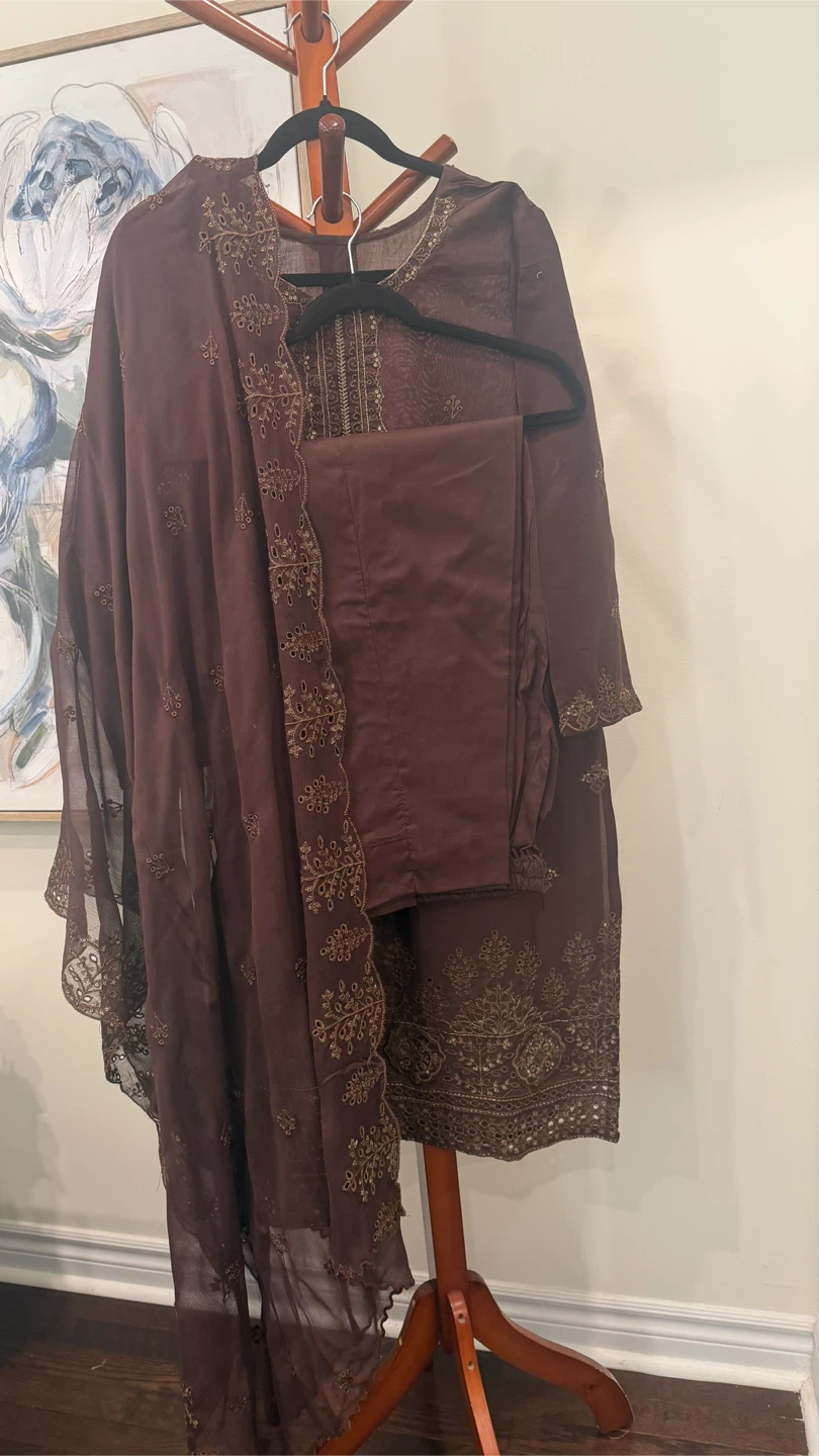 Embroidered Brown Kurti with Pants and Dupatta