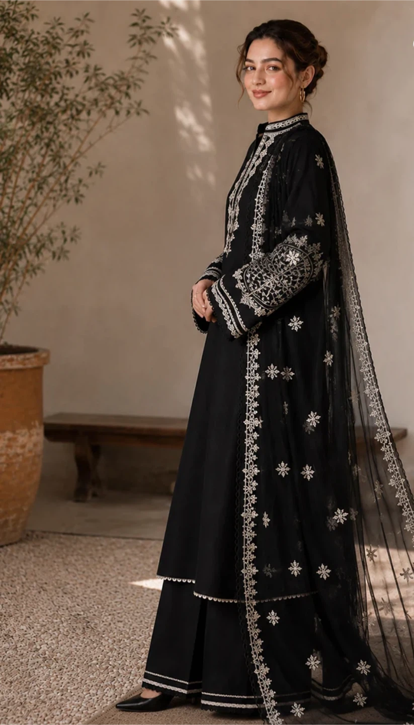 Black Embroidered Kurti with Dupatta and Pants - Size M - photo 2