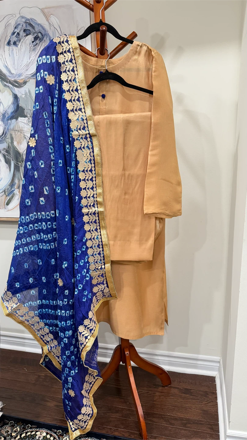 3-Piece golden Kurta Set with Blue Bandhani Dupatta
