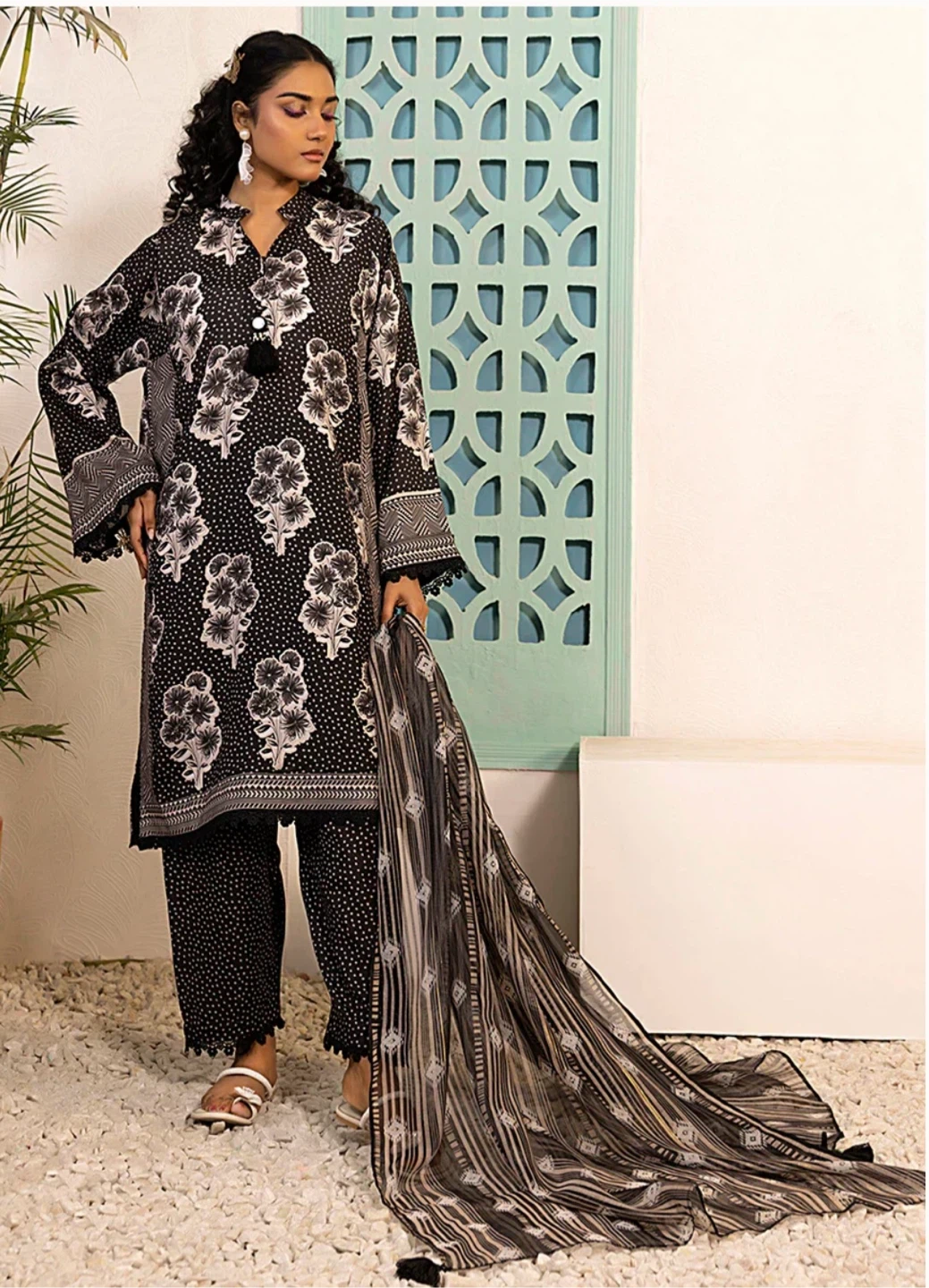 Women's 3-Piece Black Floral Print Suit with Dupatta