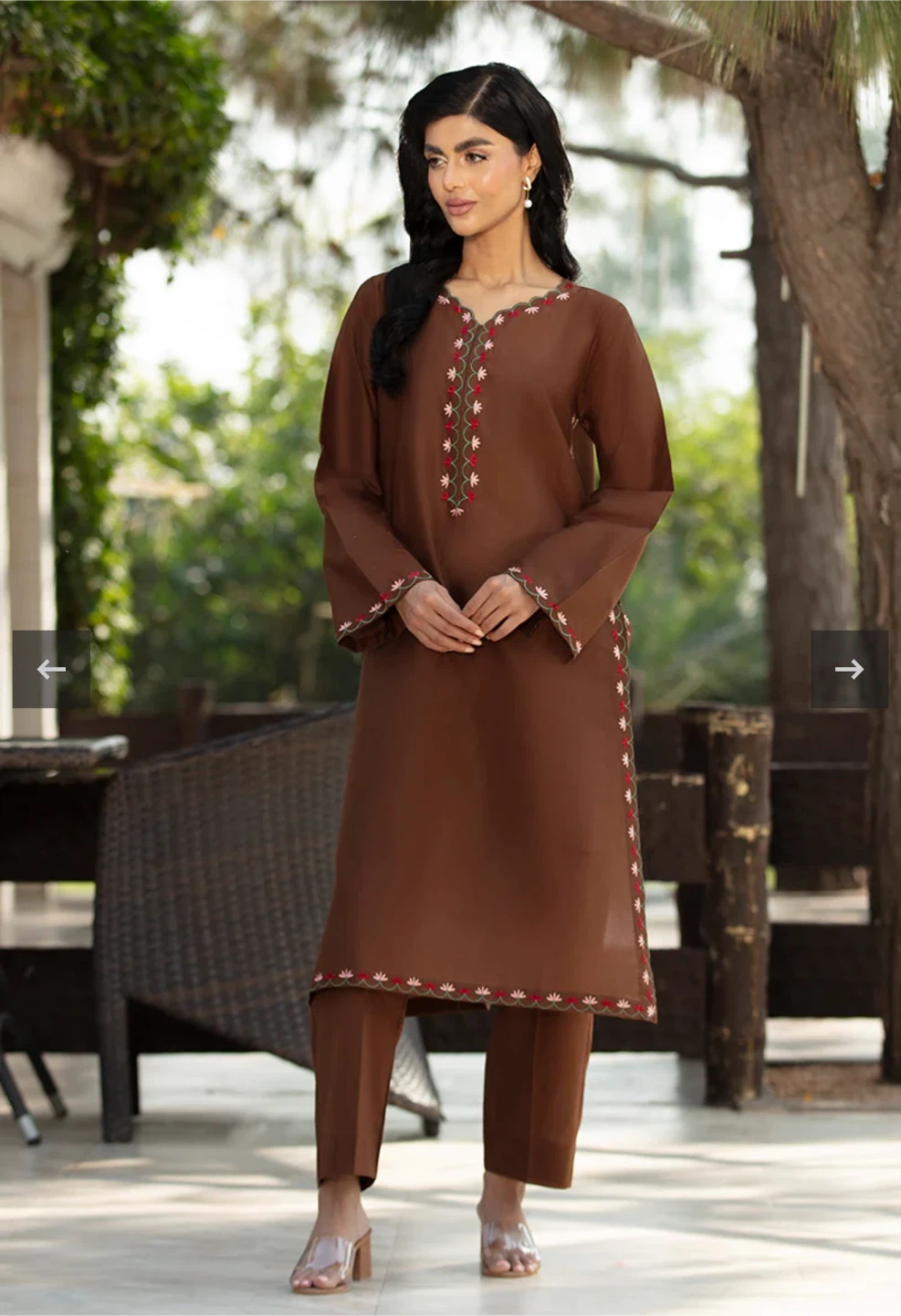 Brown Embroidered lawn Kurta and Pants Set
