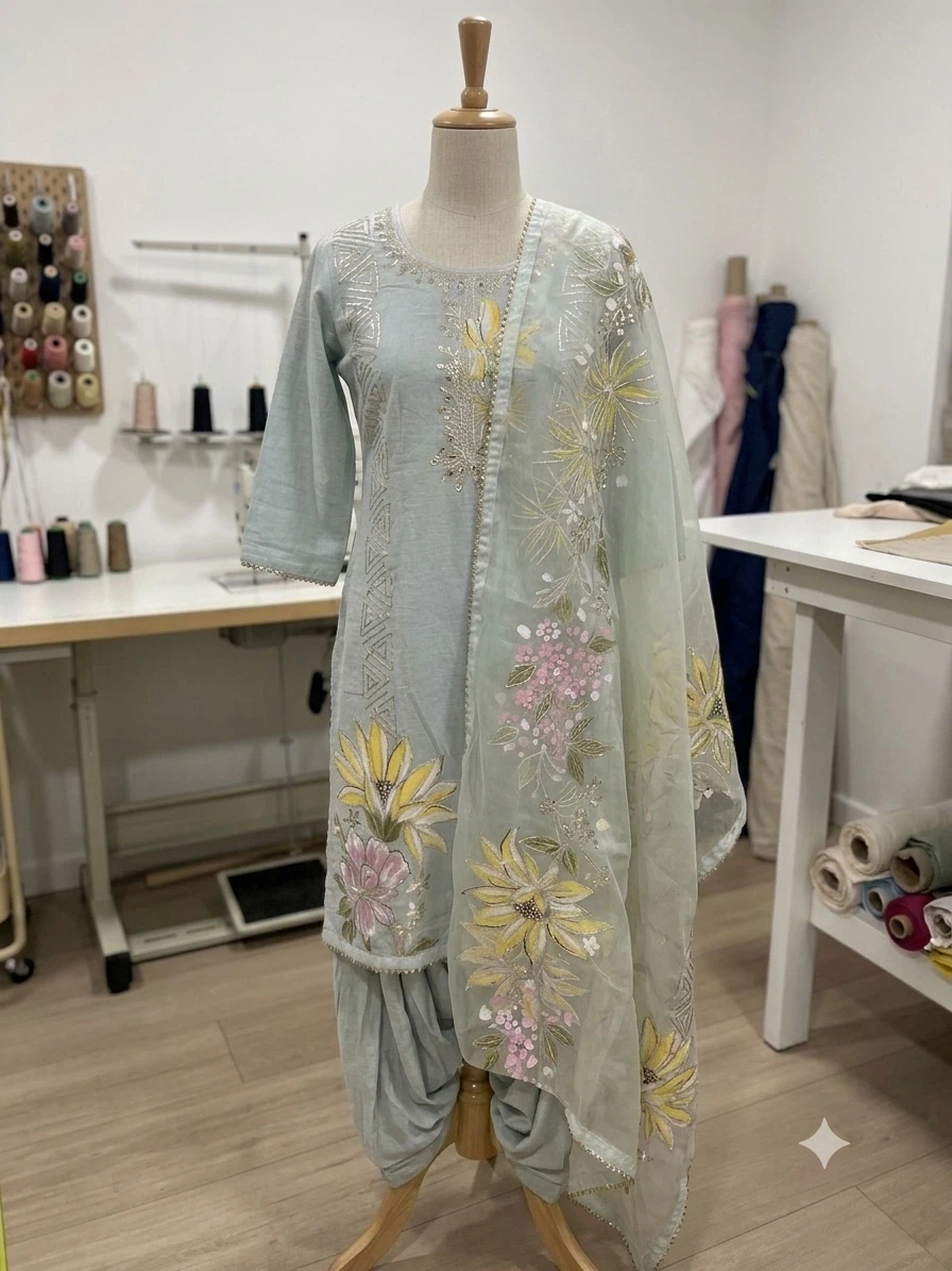 Light Blue Salwar Kameez with Floral Embroidery