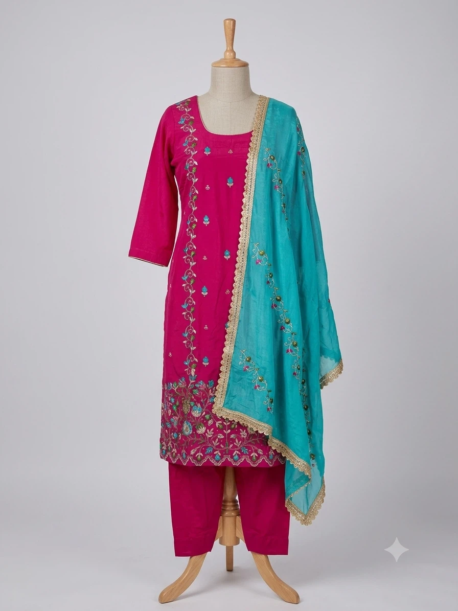 Pink & Teal Embroidered Punjabi Suit