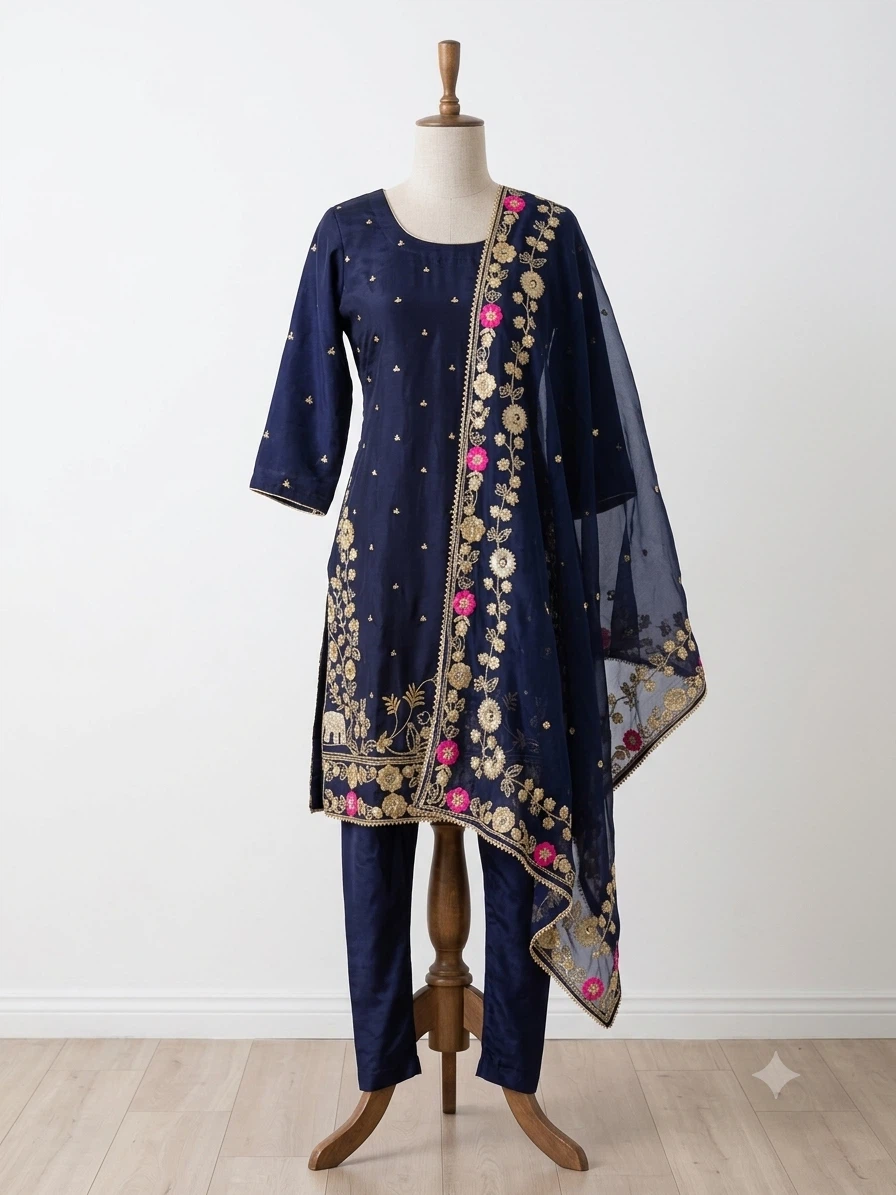 Navy Blue Embroidered 3-Piece Suit