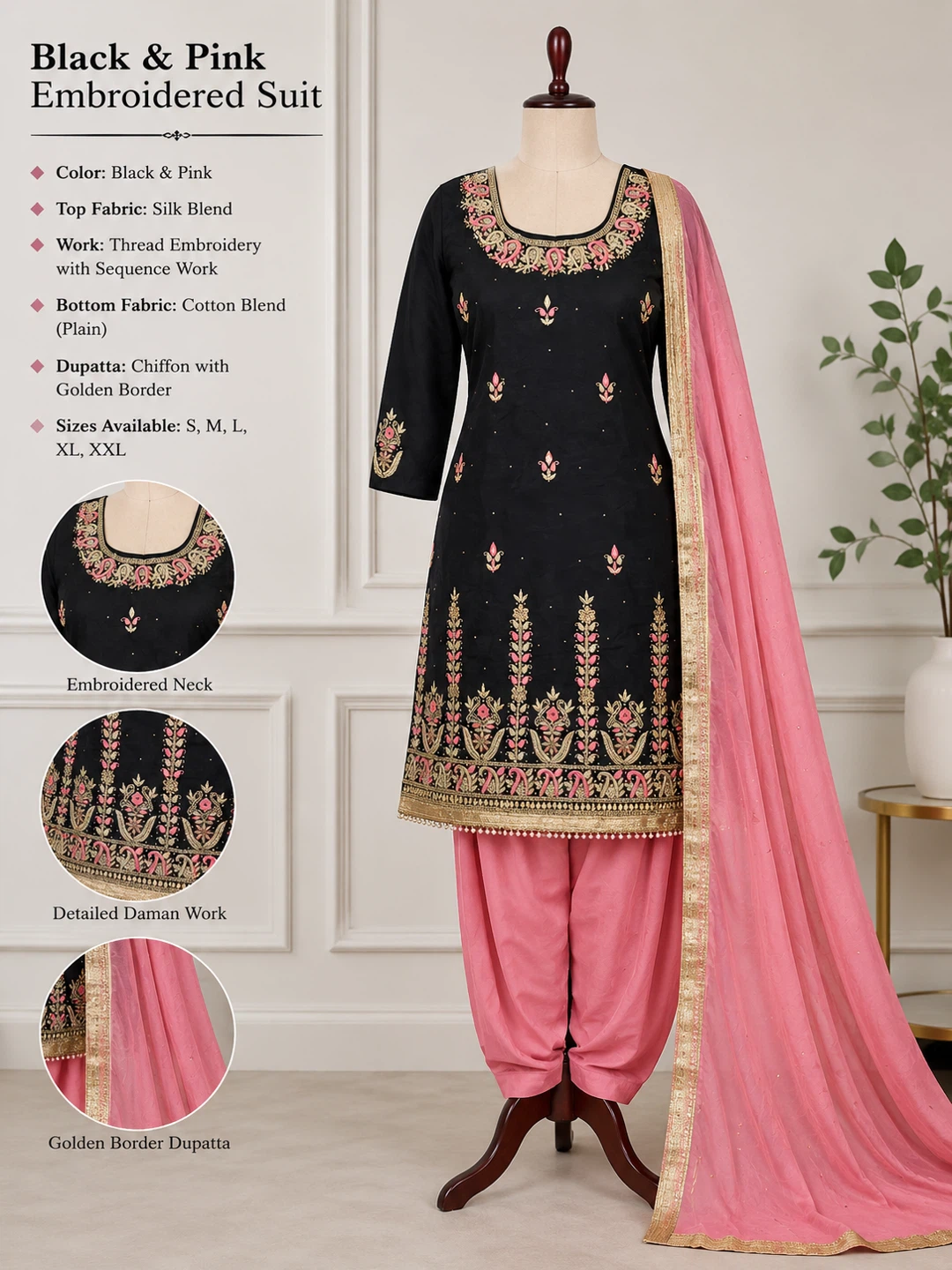 Black & Pink Embroidered Suit