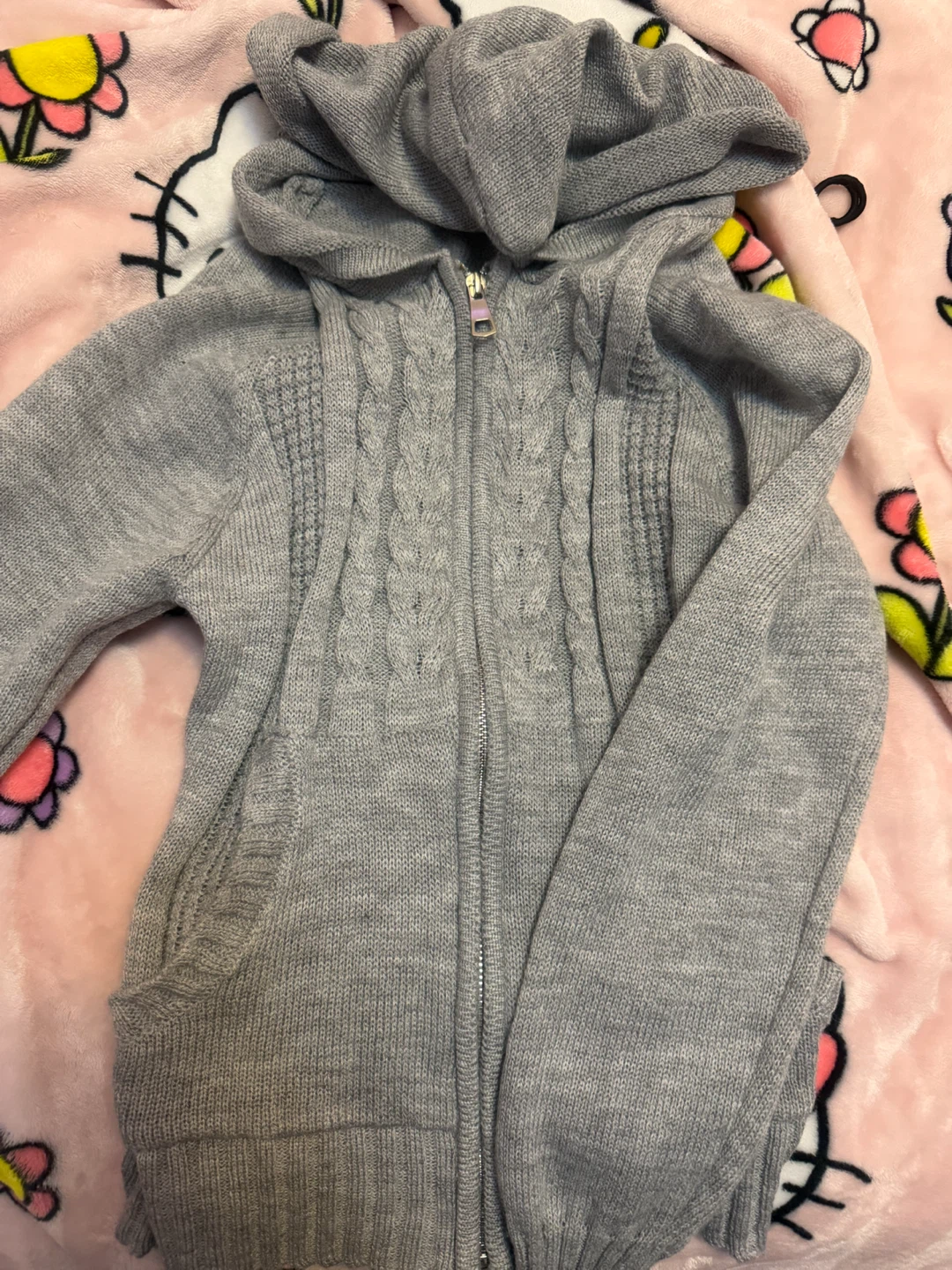 Grey Cable Knit Y2K Zip-Up Hoodie